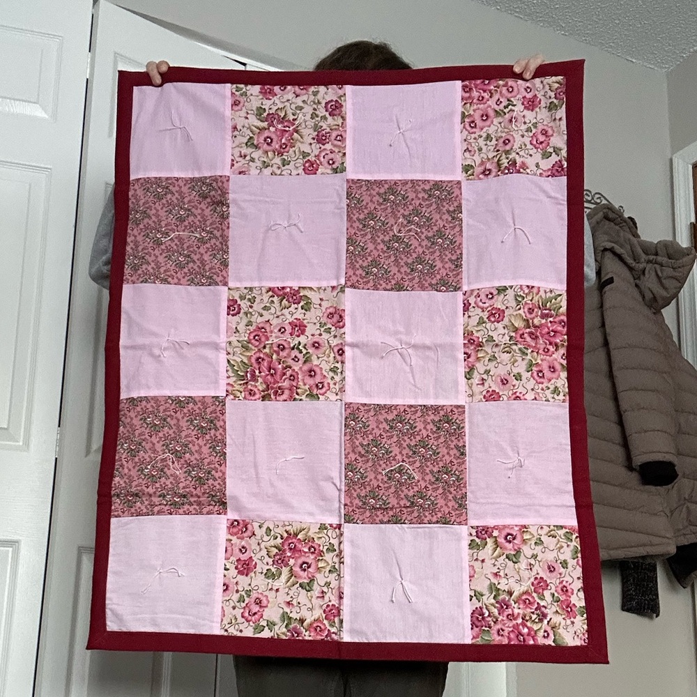 Handmade Pink and Red Patchwork Baby Quilt